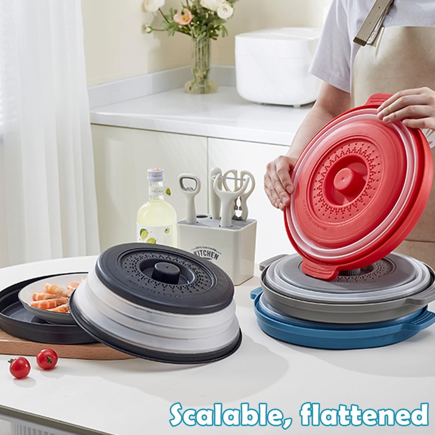 10.2 Inch Collapsible Microwave Plate Cover with Steam Vent & Silicone Mats - Dishwasher-safe Kitchen Gadget for Fruit & Vegetables (Gray)
