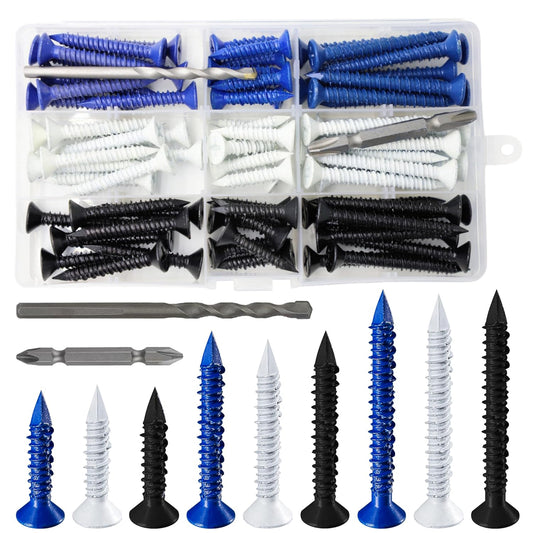105-Piece Concrete Screw Anchor Kit for Masonry, Block, Brick Stucco - 3/16" Blue/Black/White Flat Head Set by Wensilon