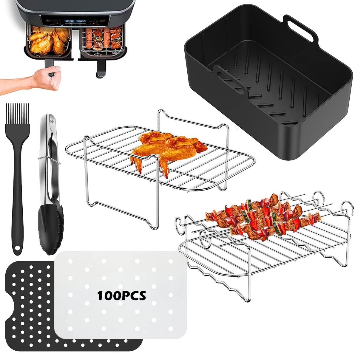 106-Piece Air Fryer Accessories Set with 304 Stainless Steel Steam Rack, Silicone Pad, and Baking Pan - Multifunctional Grilling Rack for 3.7QT to 4.2QT Double Basket Air Fryer by ZHAZHAMO