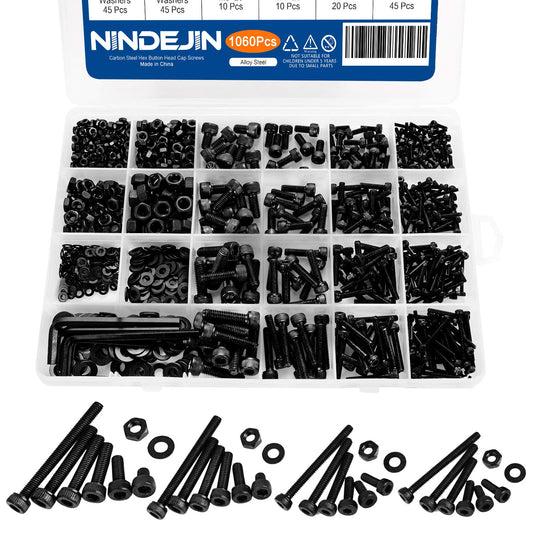 1060 PCS Black Hex Socket Head Cap Screw Bolts Nuts and Washer Assortment Kit - 12.9 Carbon Steel Metric Set with Allen Wrenches