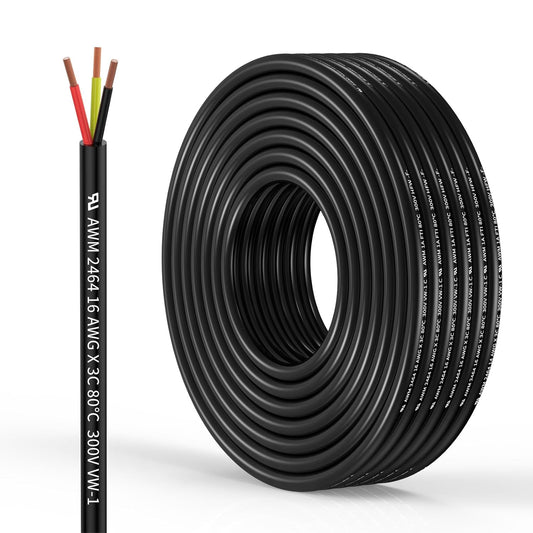 10FT 16 Gauge Oxygen-Free Copper Electrical Wire for LED Strips, Lamps, and Residential Wiring - Flexible Low Voltage Cable for Car Circuits (16/3AWG)