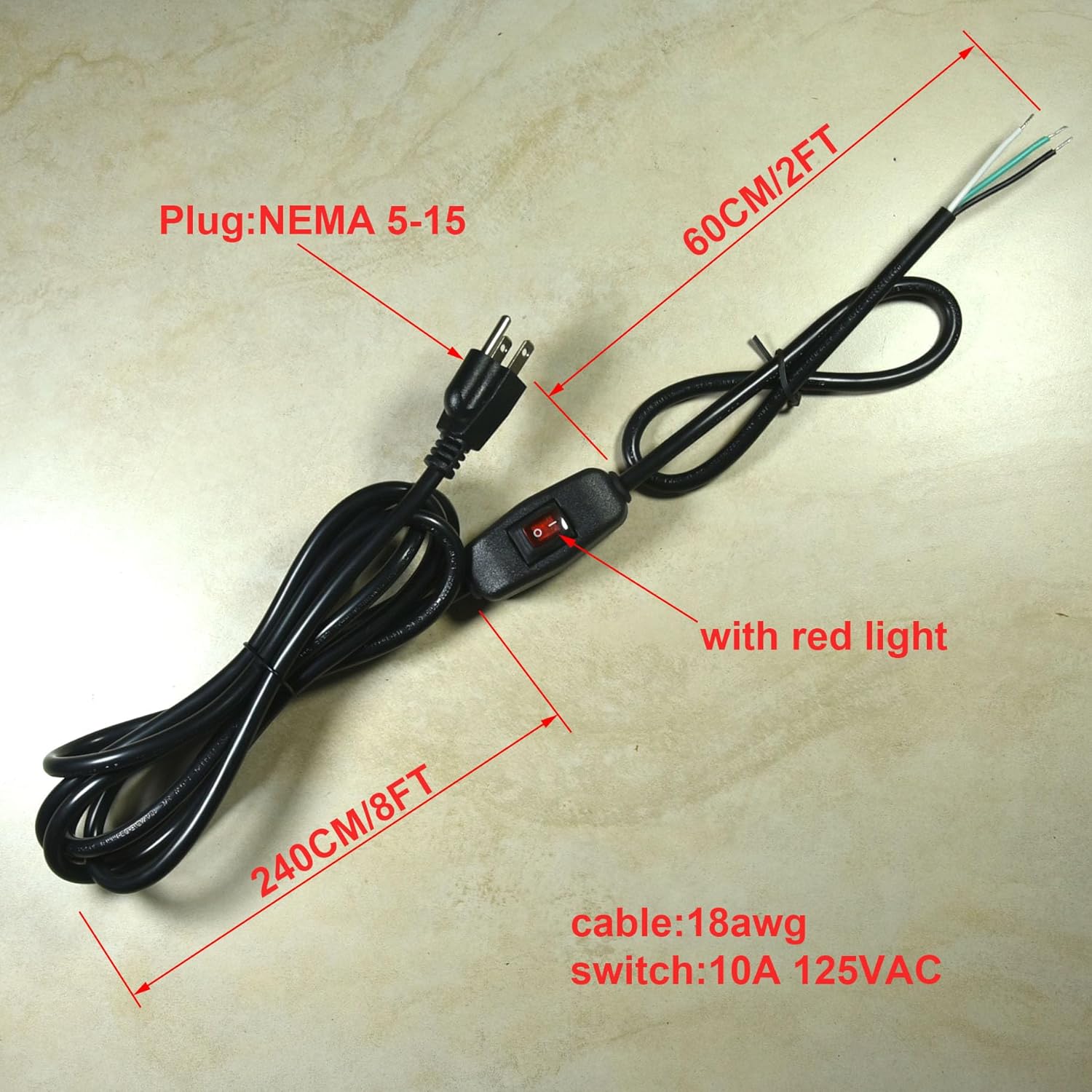 10Ft Black 18AWG Power Cord with On/Off Switch - 3 Prong Extension Cable for Replacement, 10A125V - FILSHU 18AWG