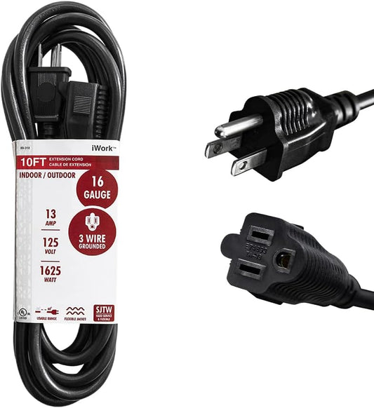 10ft Black Extension Cord, 16/3 SJTW Heavy-Duty, 3-Prong Grounded Plug, Weather-Resistant Power Strip - UL Listed, 13A/1625W Capacity - Indoor/Outdoor Use