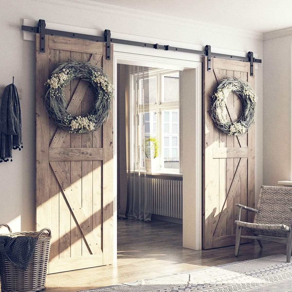 10FT Double Barn Door Hardware Kit - Smooth & Quiet Sliding Track for 30" Wide Doors - Easy Installation - Black - WildKart