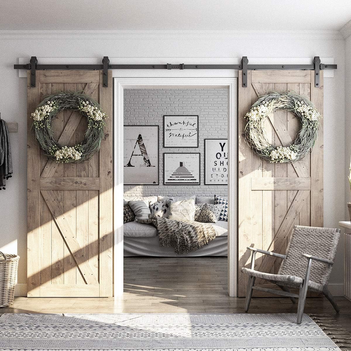 10FT Double Barn Door Hardware Kit - Smooth & Quiet Sliding Track for 30" Wide Doors - Easy Installation - Black - WildKart