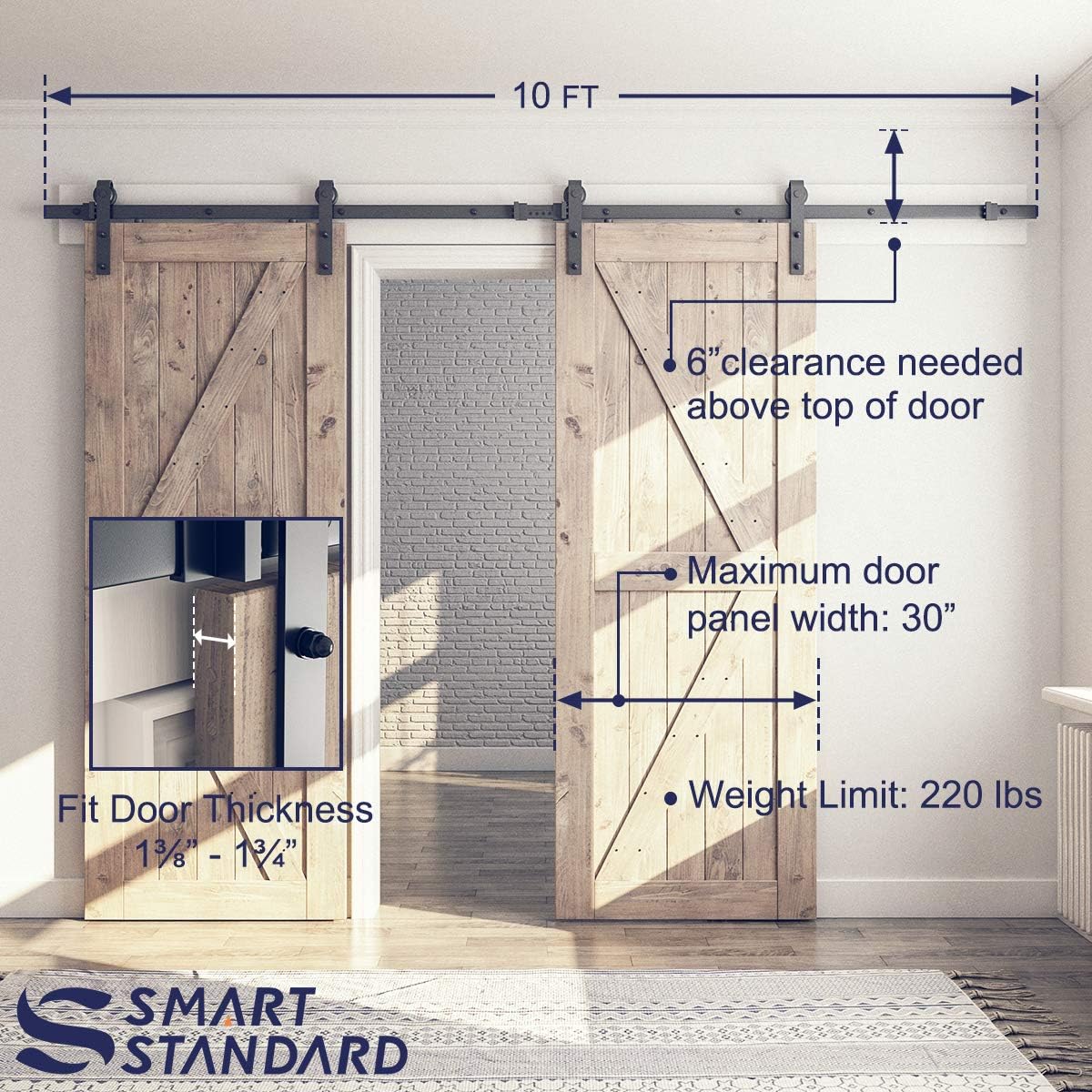 10FT Double Barn Door Hardware Kit - Smooth & Quiet Sliding Track for 30" Wide Doors - Easy Installation - Black - WildKart