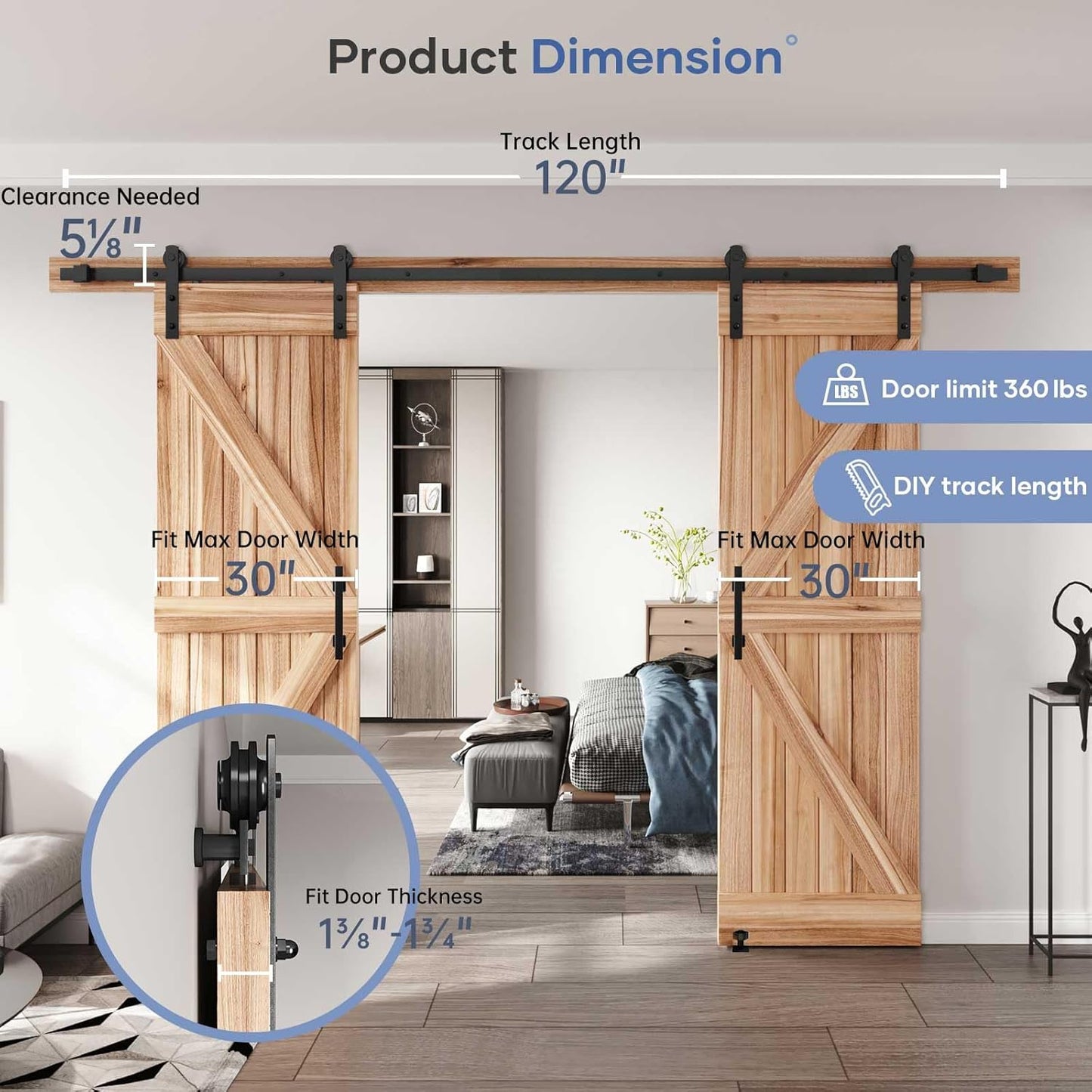 10FT Double Sliding Barn Door Hardware Kit with Heavy Duty J Pulley - Easy Installation for 27"~30" Wide Doors - WildKart
