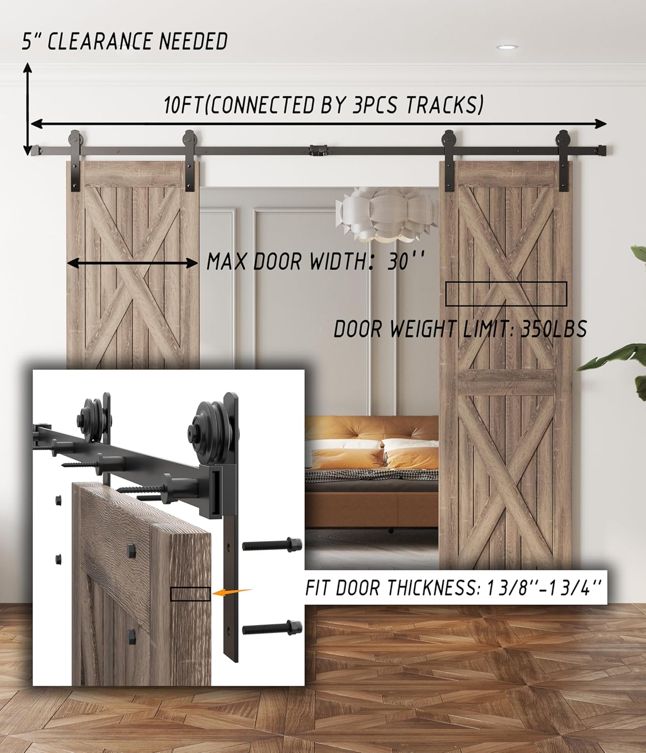 10FT Heavy Duty Double Barn Door Hardware Kit with Easy Installation - Smooth & Quiet Sliding - Fits Double 30'' Wide Panels