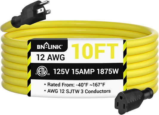 10ft Heavy Duty Outdoor Extension Cord 12/3 SJTW - 3-Prong Grounded Plug, Weather Resistant, 15A, 1875W - Yellow - ETL Listed - for Lawn, Garden, Appliances