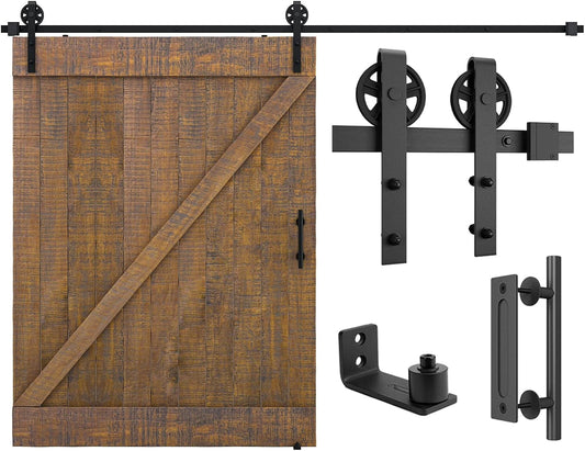 10ft Heavy Duty Sliding Barn Door Hardware Kit - Black, Fits 60" Wide Door Panel - Includes Pull Handle Set & Floor Guide - Big Industrial Wheel Hangers - WildKart