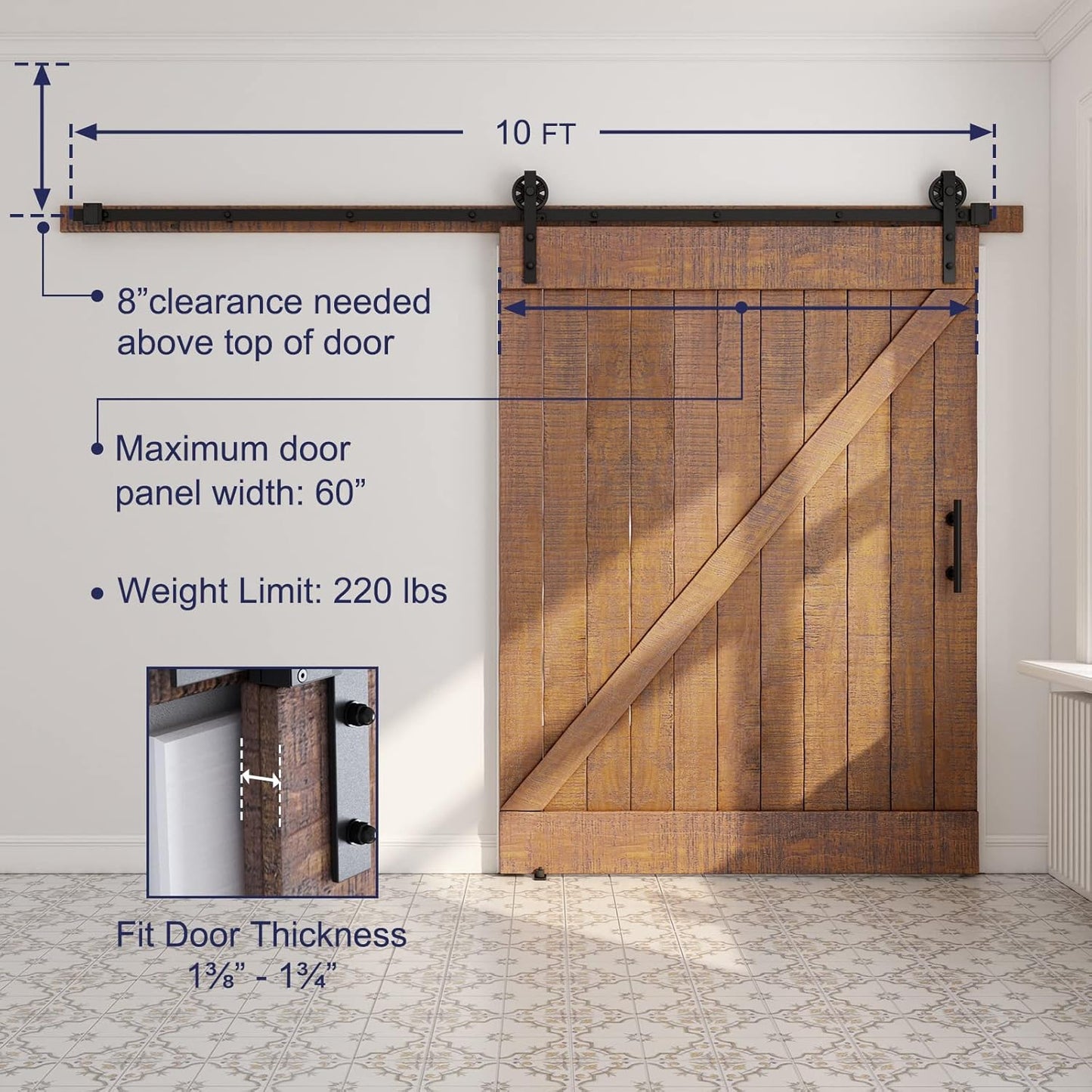 10ft Heavy Duty Sliding Barn Door Hardware Kit - Black, Fits 60" Wide Door Panel - Includes Pull Handle Set & Floor Guide - Big Industrial Wheel Hangers - WildKart