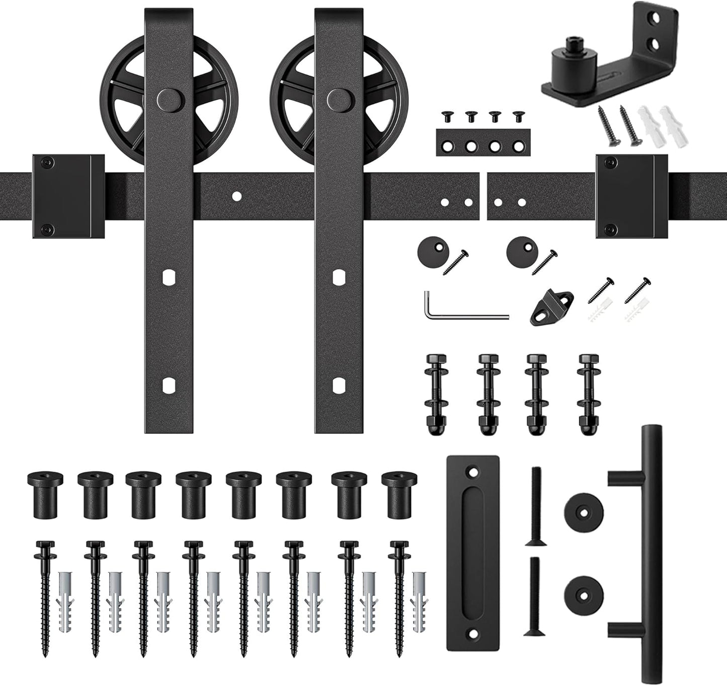10ft Heavy Duty Sliding Barn Door Hardware Kit - Black, Fits 60" Wide Door Panel - Includes Pull Handle Set & Floor Guide - Big Industrial Wheel Hangers - WildKart