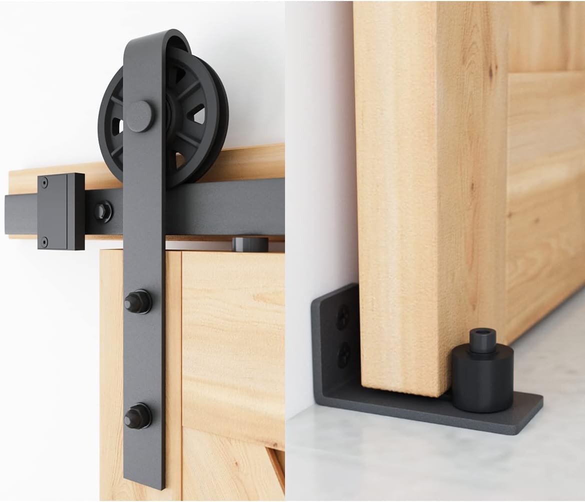 10ft Heavy Duty Sliding Barn Door Hardware Kit - Black, Fits 60" Wide Door Panel - Includes Pull Handle Set & Floor Guide - Big Industrial Wheel Hangers - WildKart
