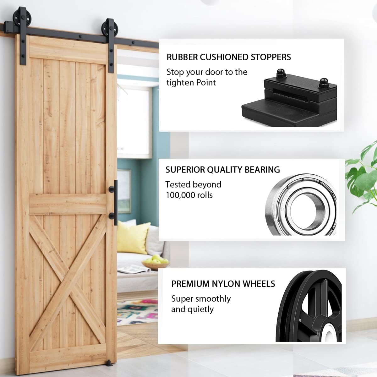 10ft Heavy Duty Sliding Barn Door Hardware Kit - Black, Fits 60" Wide Door Panel - Includes Pull Handle Set & Floor Guide - Big Industrial Wheel Hangers - WildKart