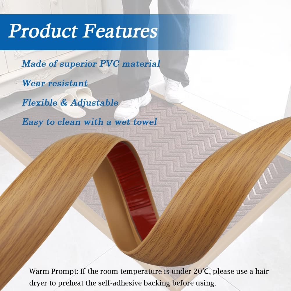 10Ft Self-Adhesive PVC Floor Transition Strip for Carpet & Flooring Edging Trim - Threshold Height < 5mm - Wood Grain Light Brown