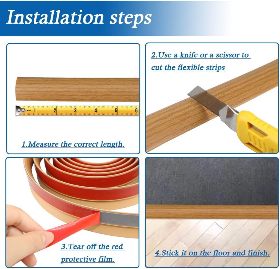 10Ft Self-Adhesive PVC Floor Transition Strip for Carpet & Flooring Edging Trim - Threshold Height < 5mm - Wood Grain Light Brown