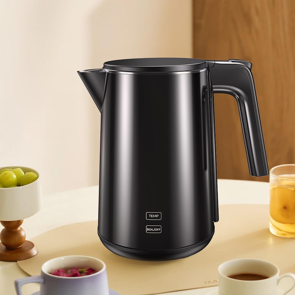 1.0L Electric Kettle with Fast Heat and Auto Shut-Off - Temperature Control Teapot, Boil-Dry Proof, Double Wall Stainless Steel - Polished Black