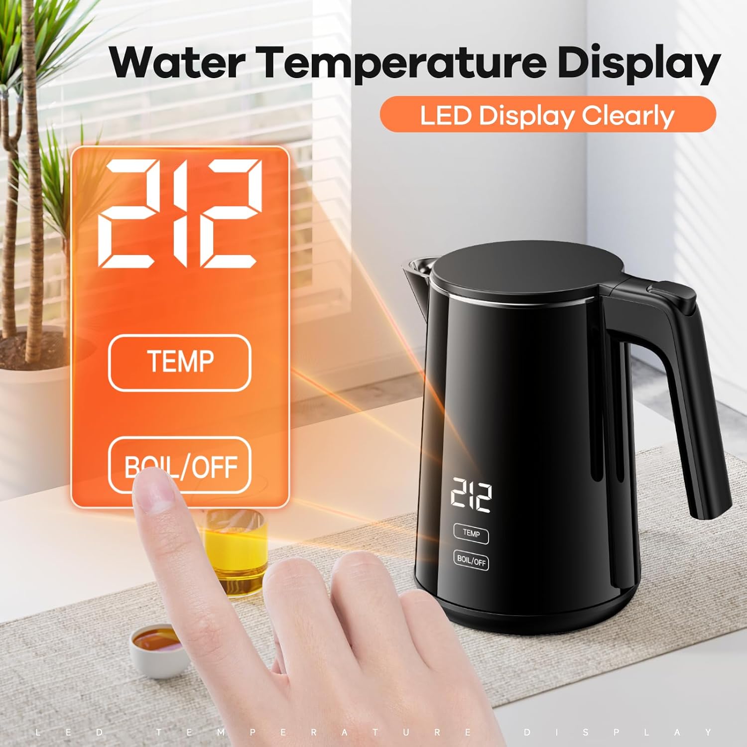 1.0L Electric Kettle with Fast Heat and Auto Shut-Off - Temperature Control Teapot, Boil-Dry Proof, Double Wall Stainless Steel - Polished Black