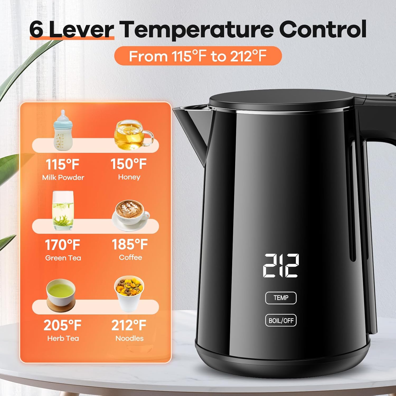 1.0L Electric Kettle with Fast Heat and Auto Shut-Off - Temperature Control Teapot, Boil-Dry Proof, Double Wall Stainless Steel - Polished Black