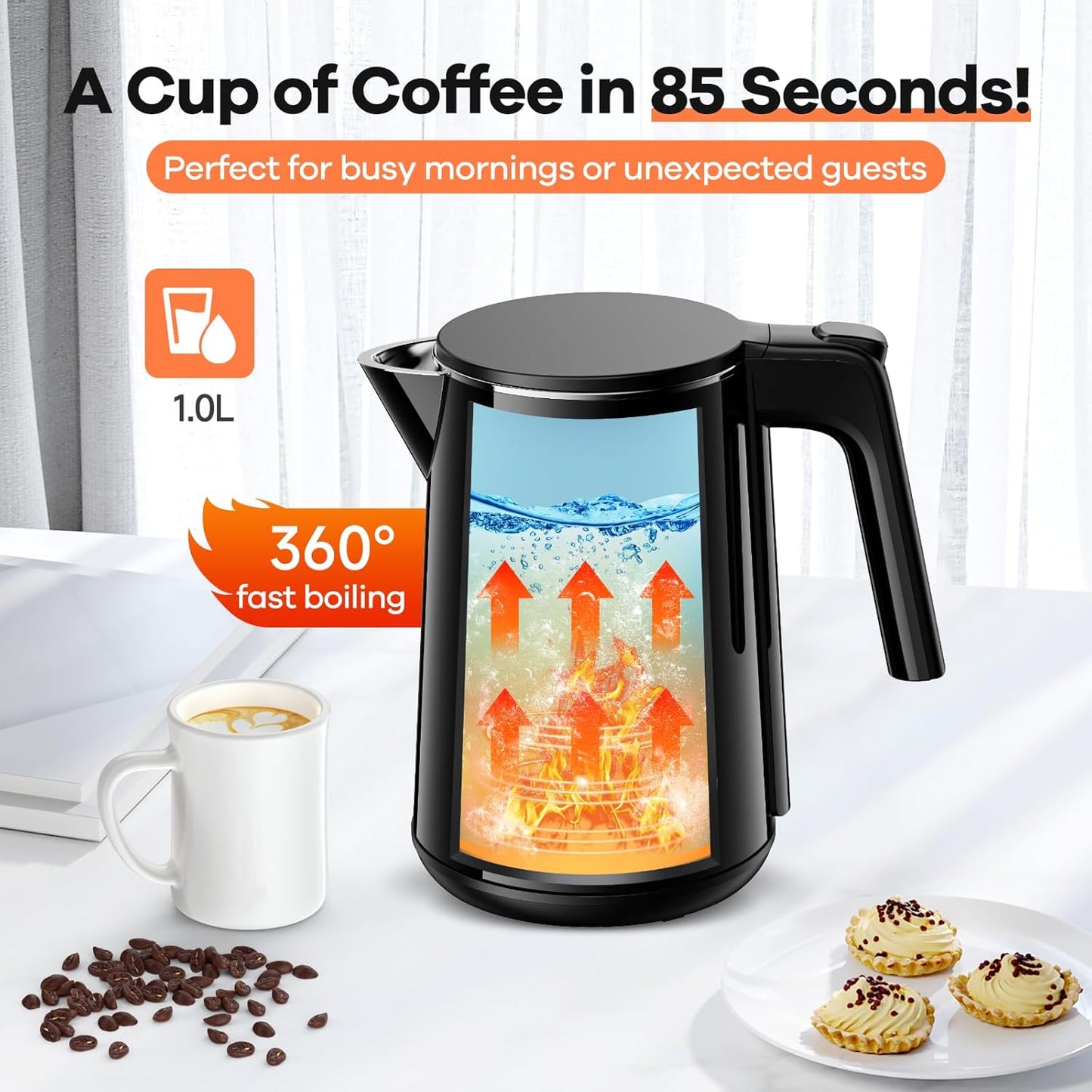 1.0L Electric Kettle with Fast Heat and Auto Shut-Off - Temperature Control Teapot, Boil-Dry Proof, Double Wall Stainless Steel - Polished Black