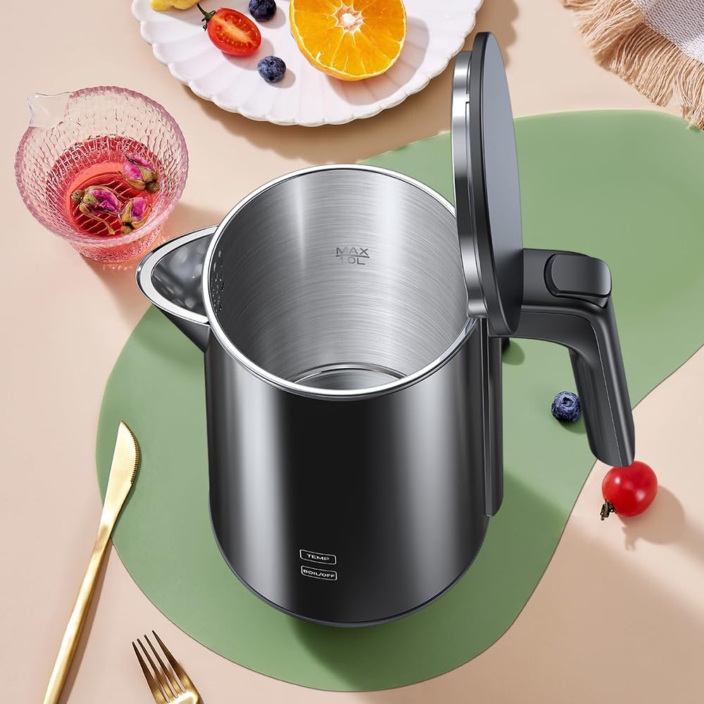 1.0L Electric Kettle with Fast Heat and Auto Shut-Off - Temperature Control Teapot, Boil-Dry Proof, Double Wall Stainless Steel - Polished Black