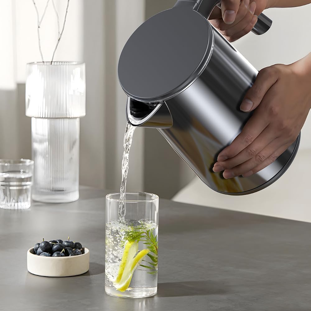 1.0L Electric Kettle with Fast Heat and Auto Shut-Off - Temperature Control Teapot, Boil-Dry Proof, Double Wall Stainless Steel - Polished Black