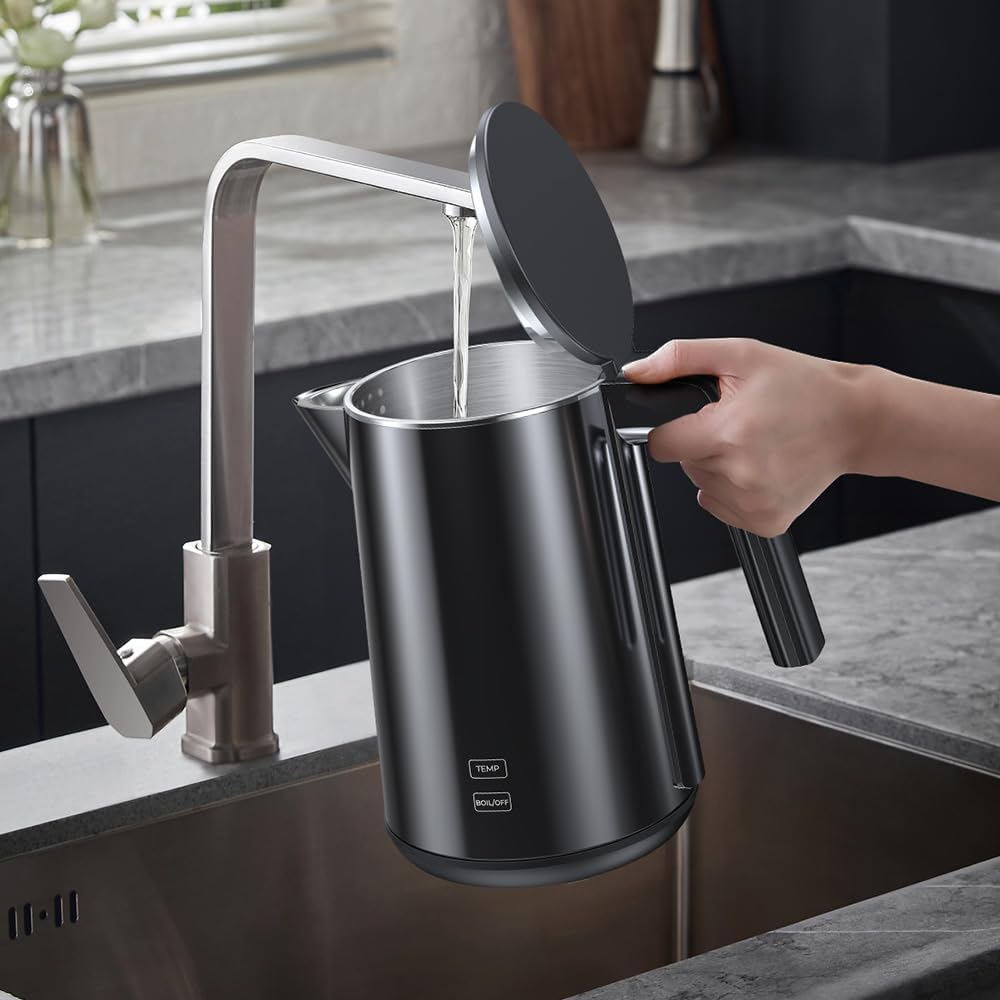 1.0L Electric Kettle with Fast Heat and Auto Shut-Off - Temperature Control Teapot, Boil-Dry Proof, Double Wall Stainless Steel - Polished Black