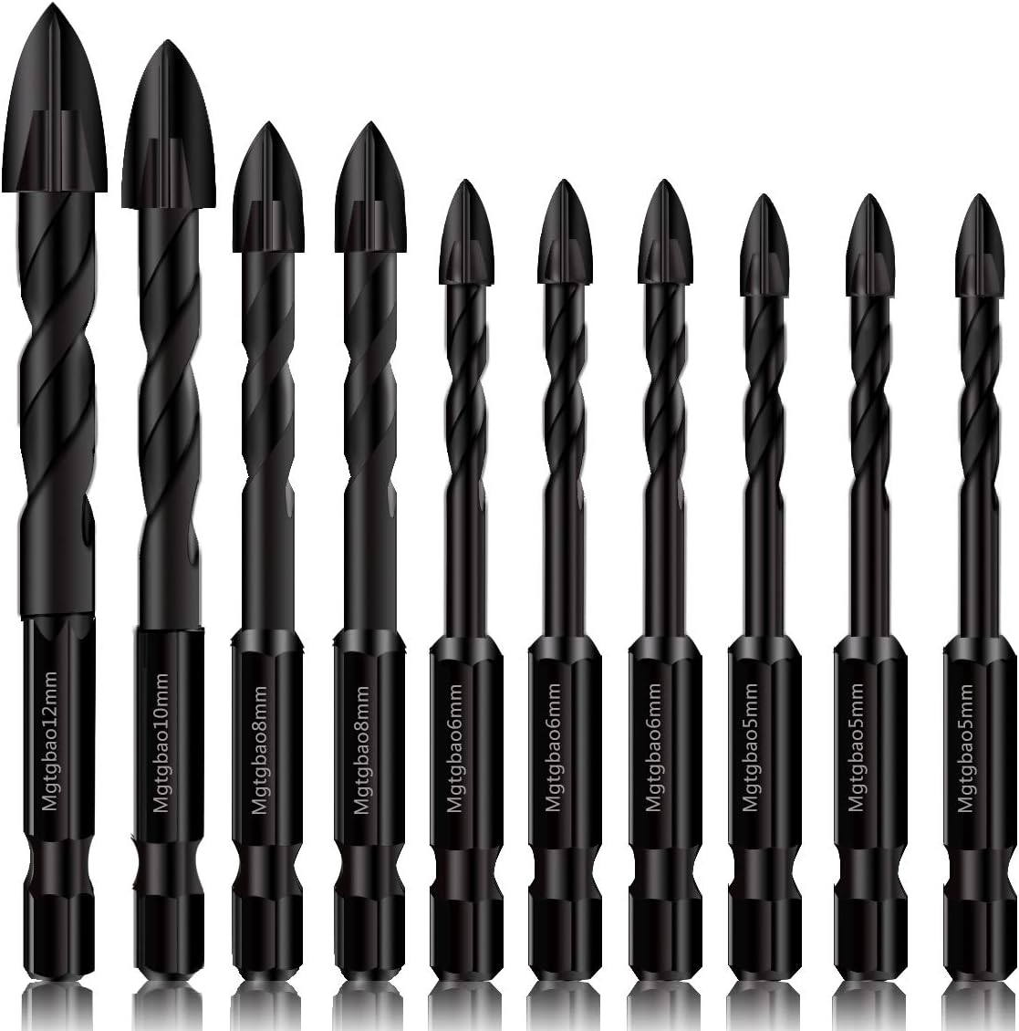 10PC Masonry Drill Bits Set - Tungsten Carbide Tip for Tile, Brick, Plastic, Wood - Ideal for Wall Mirror, Ceramic Tile - Sizes 5mm to 12mm