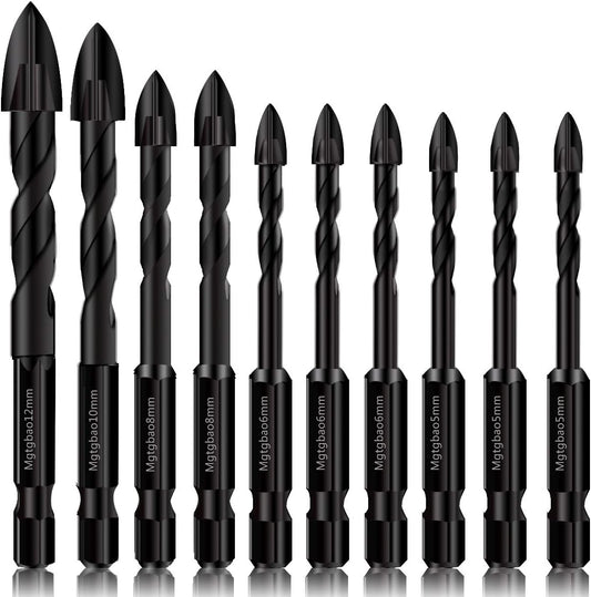 10PC Masonry Drill Bits Set - Tungsten Carbide Tip for Tile, Brick, Plastic, Wood - Ideal for Wall Mirror, Ceramic Tile - Sizes 5mm to 12mm