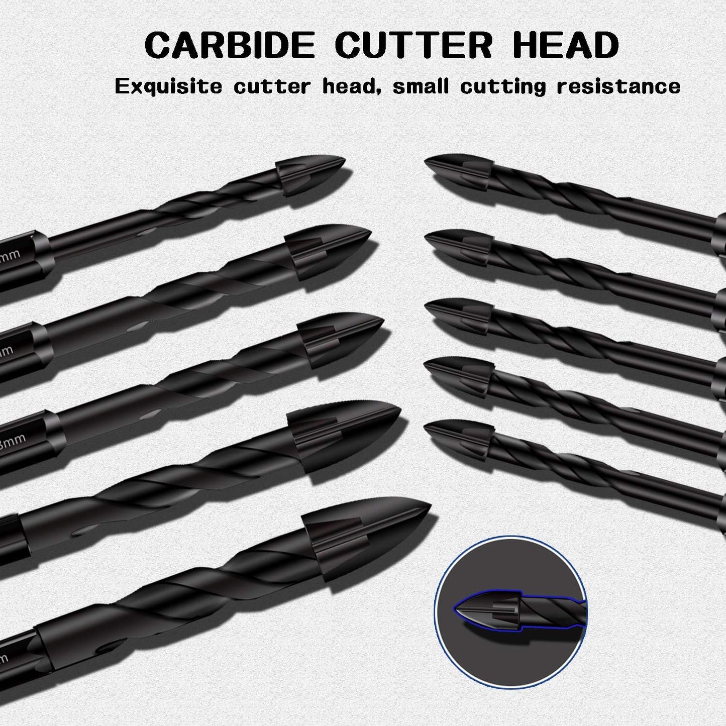 10PC Masonry Drill Bits Set - Tungsten Carbide Tip for Tile, Brick, Plastic, Wood - Ideal for Wall Mirror, Ceramic Tile - Sizes 5mm to 12mm