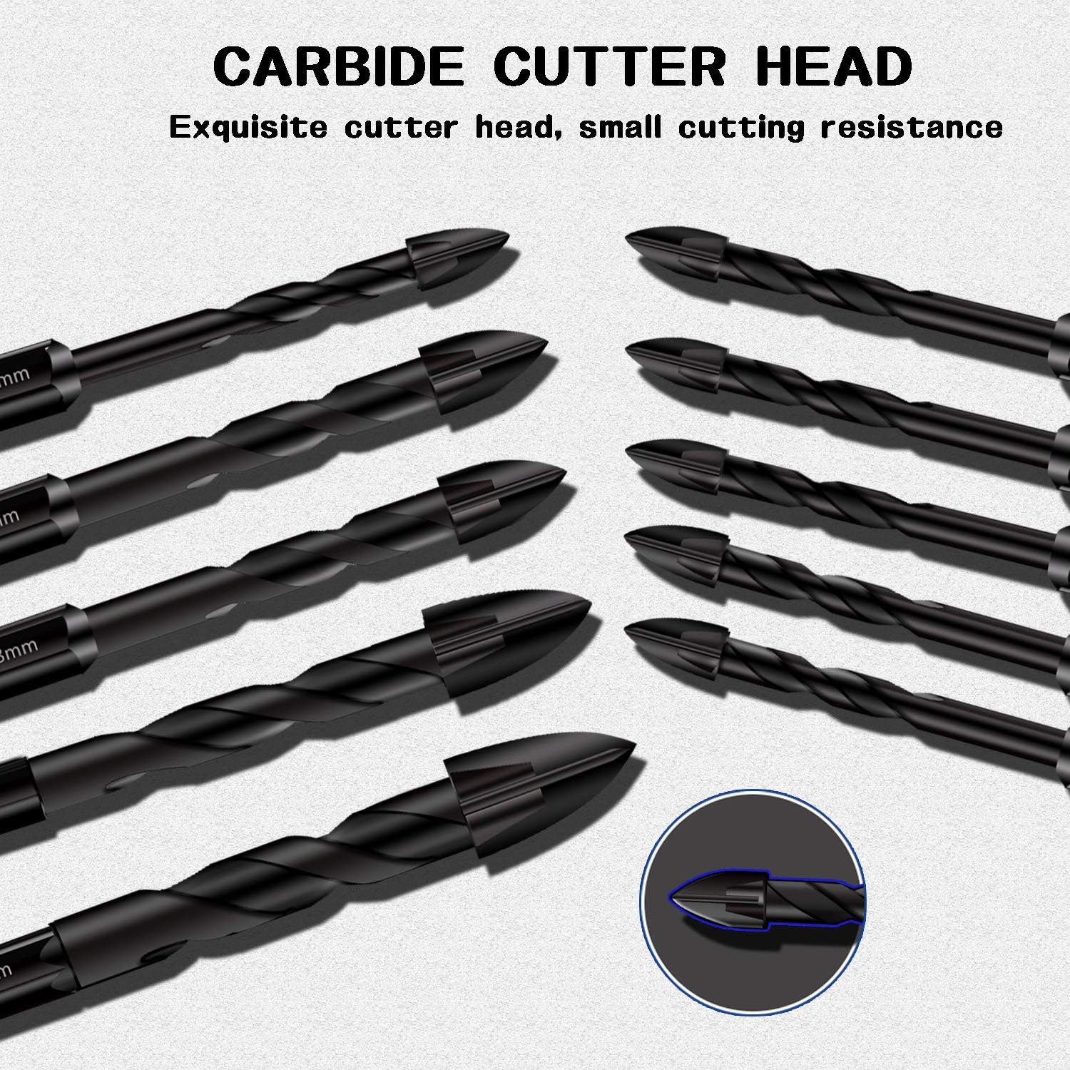 10PC Masonry Drill Bits Set - Tungsten Carbide Tip for Tile, Brick, Plastic, Wood - Ideal for Wall Mirror, Ceramic Tile - Sizes 5mm to 12mm