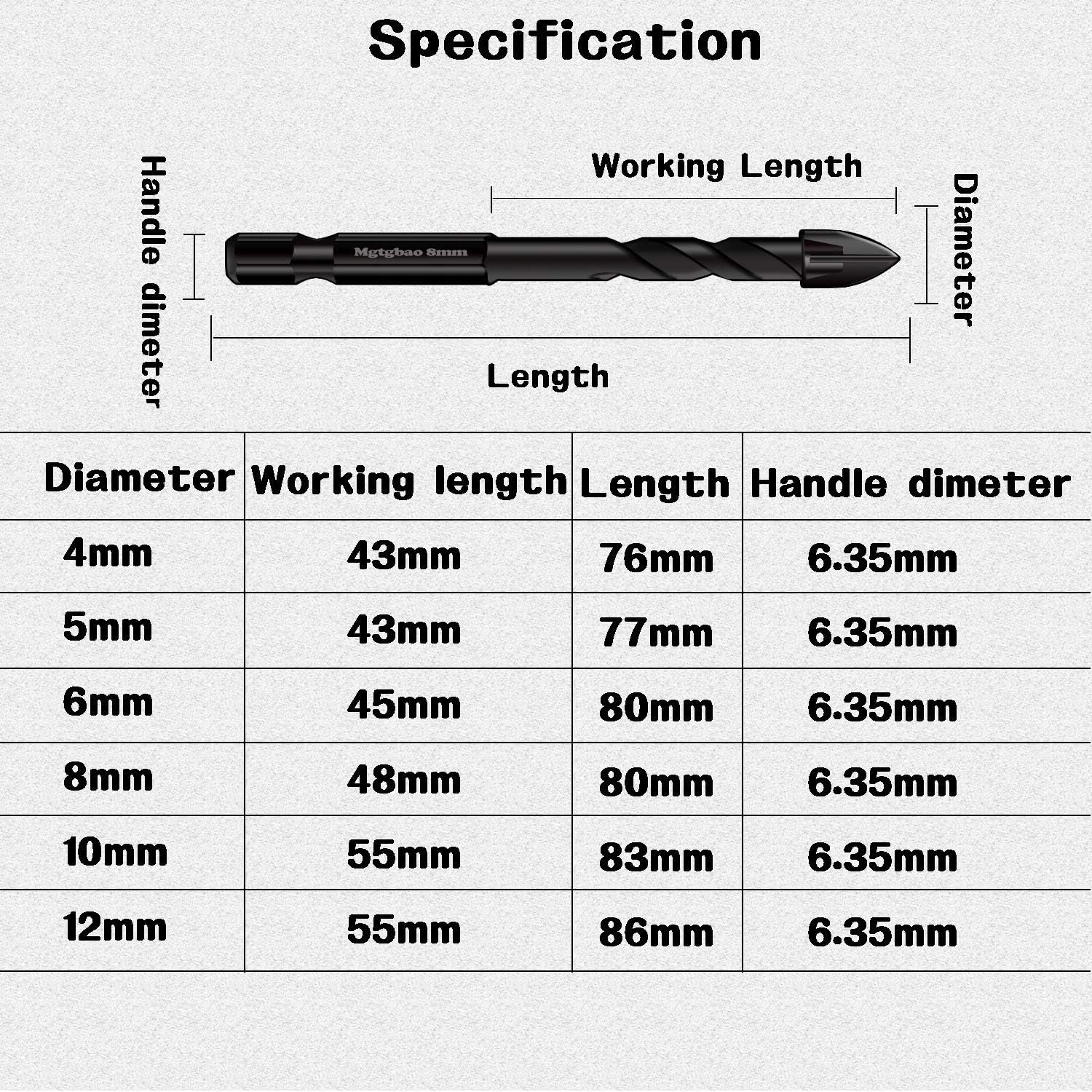 10PC Masonry Drill Bits Set - Tungsten Carbide Tip for Tile, Brick, Plastic, Wood - Ideal for Wall Mirror, Ceramic Tile - Sizes 5mm to 12mm