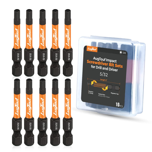 10pcs 5/32" Impact Hex Head Allen Wrench Drill Bit Set - S2 Steel, CNC Machined Tips, 1/4" Hex Shank, 2" Long, Magnetized, with Storage Box