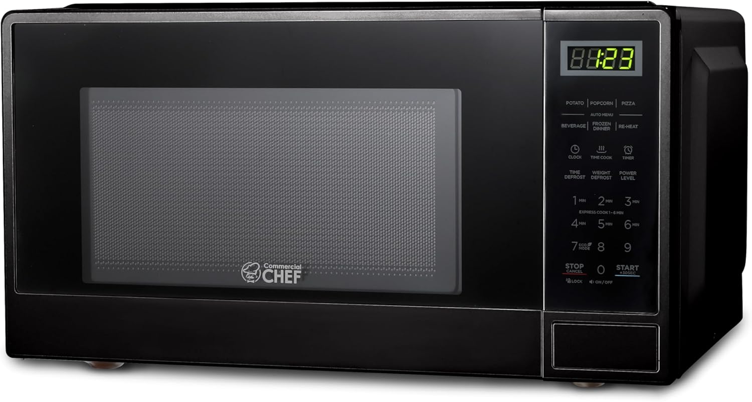 1.1 Cu Ft Commercial Chef Microwave - 10 Power Levels, 1000W, Digital Controls, & Door Lock - Black
