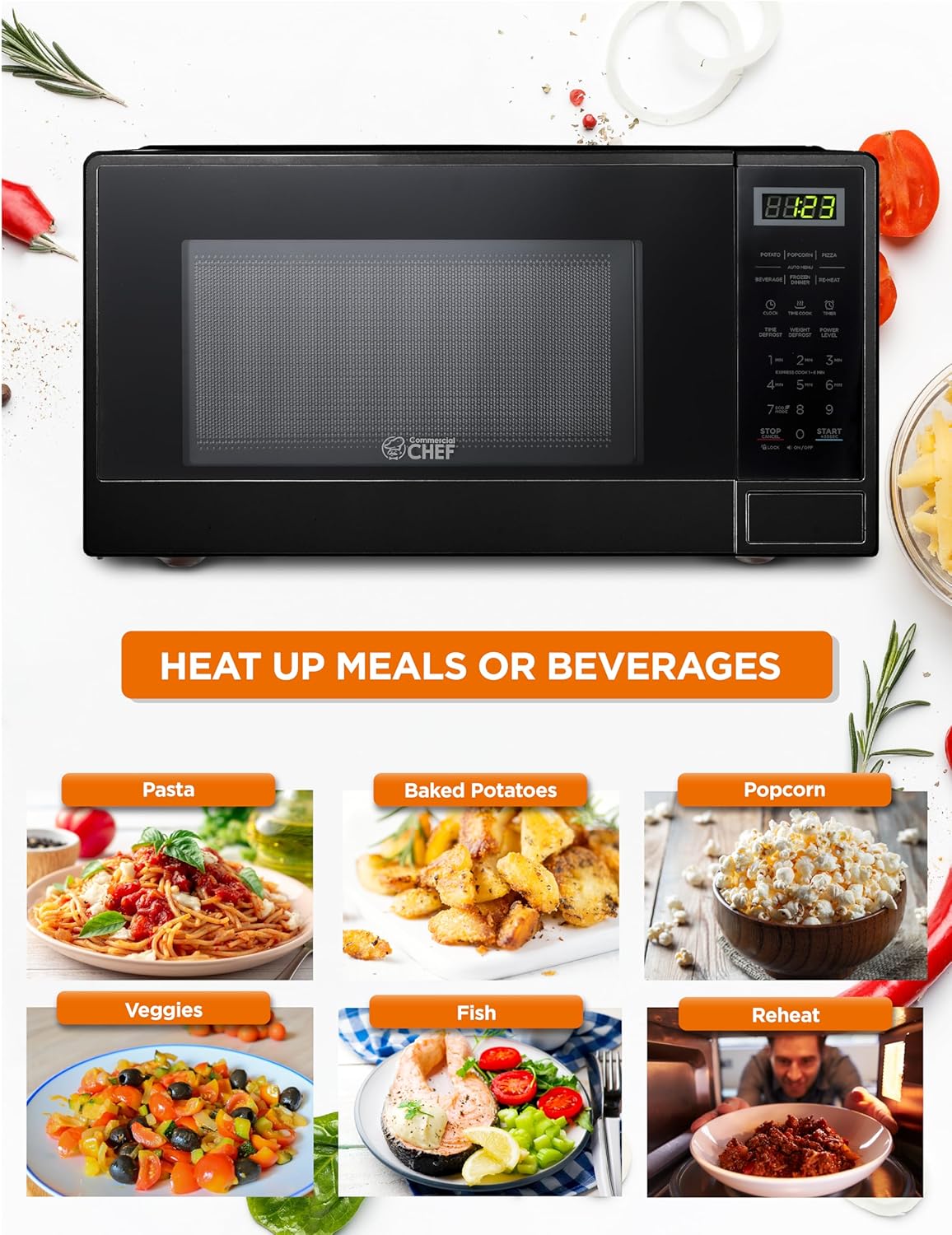 1.1 Cu Ft Commercial Chef Microwave - 10 Power Levels, 1000W, Digital Controls, & Door Lock - Black