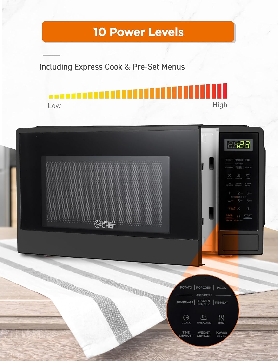 1.1 Cu Ft Commercial Chef Microwave - 10 Power Levels, 1000W, Digital Controls, & Door Lock - Black