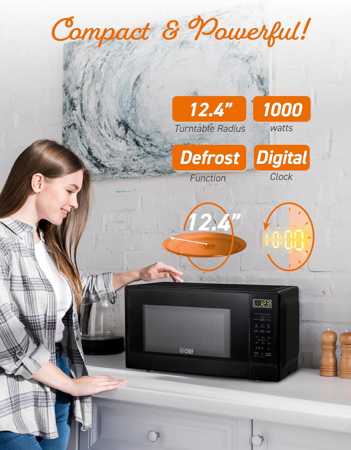 1.1 Cu Ft Commercial Chef Microwave - 10 Power Levels, 1000W, Digital Controls, & Door Lock - Black