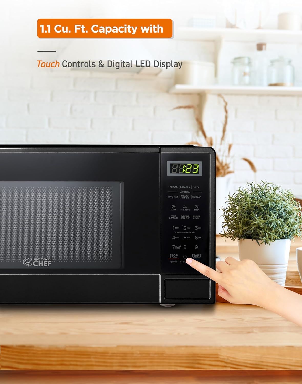 1.1 Cu Ft Commercial Chef Microwave - 10 Power Levels, 1000W, Digital Controls, & Door Lock - Black