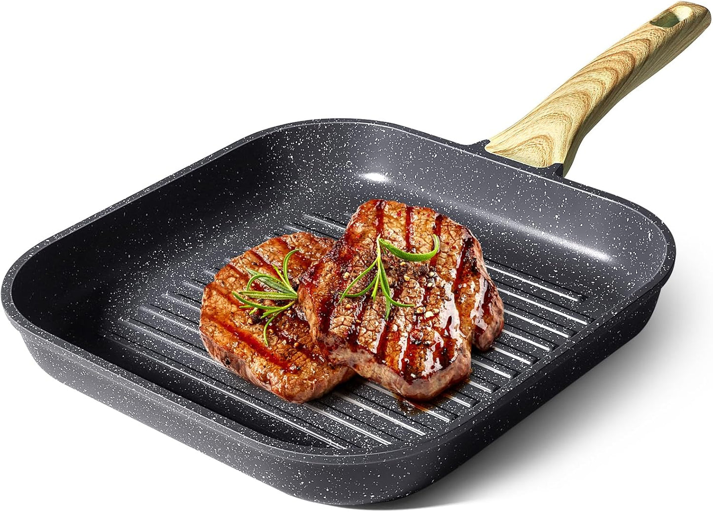 11 Inch Square Nonstick Grill Pan for Stove Tops - Indoor & Outdoor Cooking, Non Stick Granite Skillet Steak Pan - PFOA Free - Grey