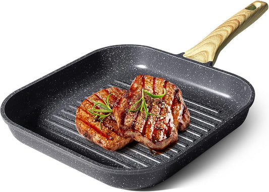 11 Inch Square Nonstick Grill Pan for Stove Tops - Indoor & Outdoor Cooking, Non Stick Granite Skillet Steak Pan - PFOA Free - Grey