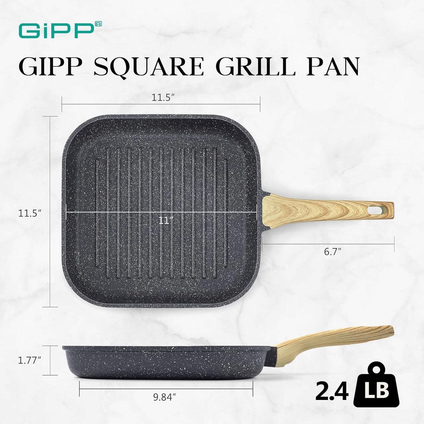 11 Inch Square Nonstick Grill Pan for Stove Tops - Indoor & Outdoor Cooking, Non Stick Granite Skillet Steak Pan - PFOA Free - Grey