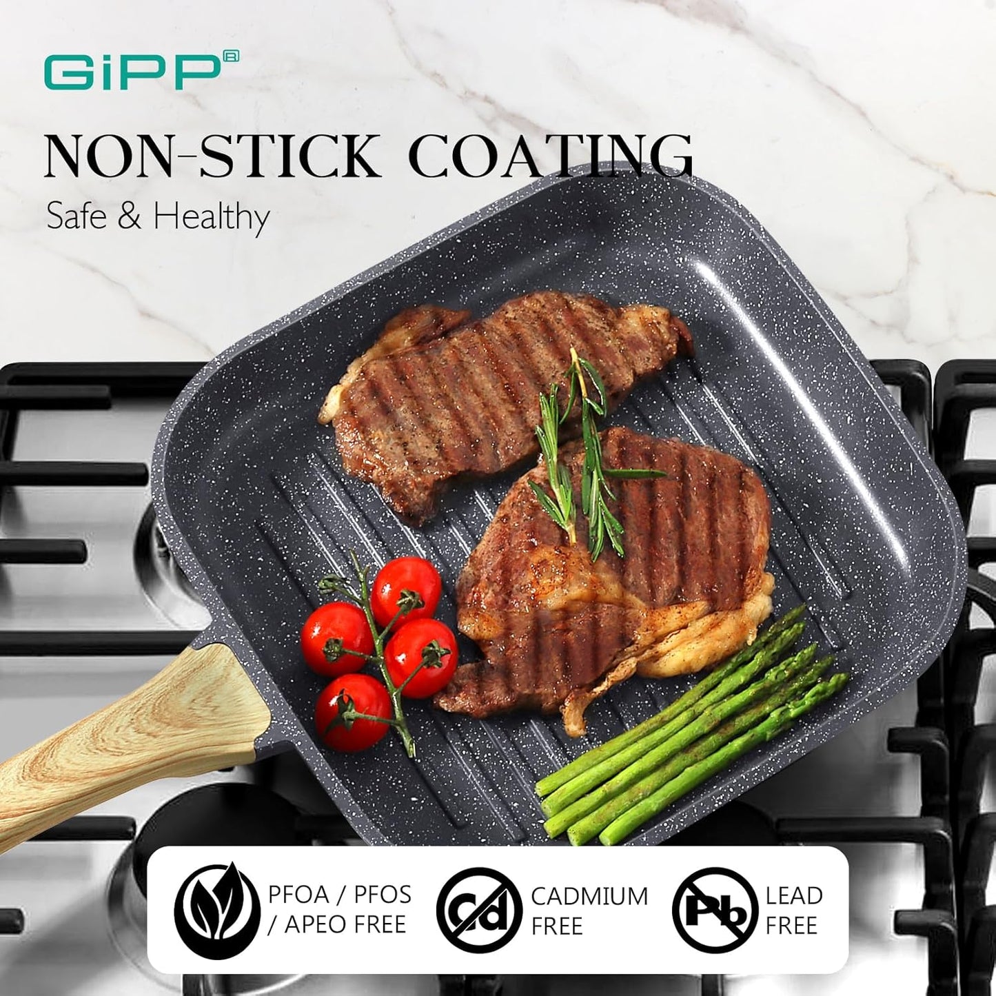 11 Inch Square Nonstick Grill Pan for Stove Tops - Indoor & Outdoor Cooking, Non Stick Granite Skillet Steak Pan - PFOA Free - Grey