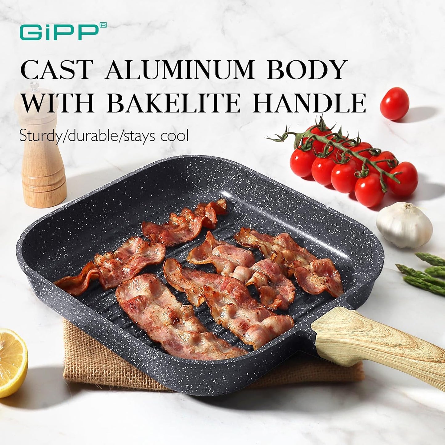 11 Inch Square Nonstick Grill Pan for Stove Tops - Indoor & Outdoor Cooking, Non Stick Granite Skillet Steak Pan - PFOA Free - Grey