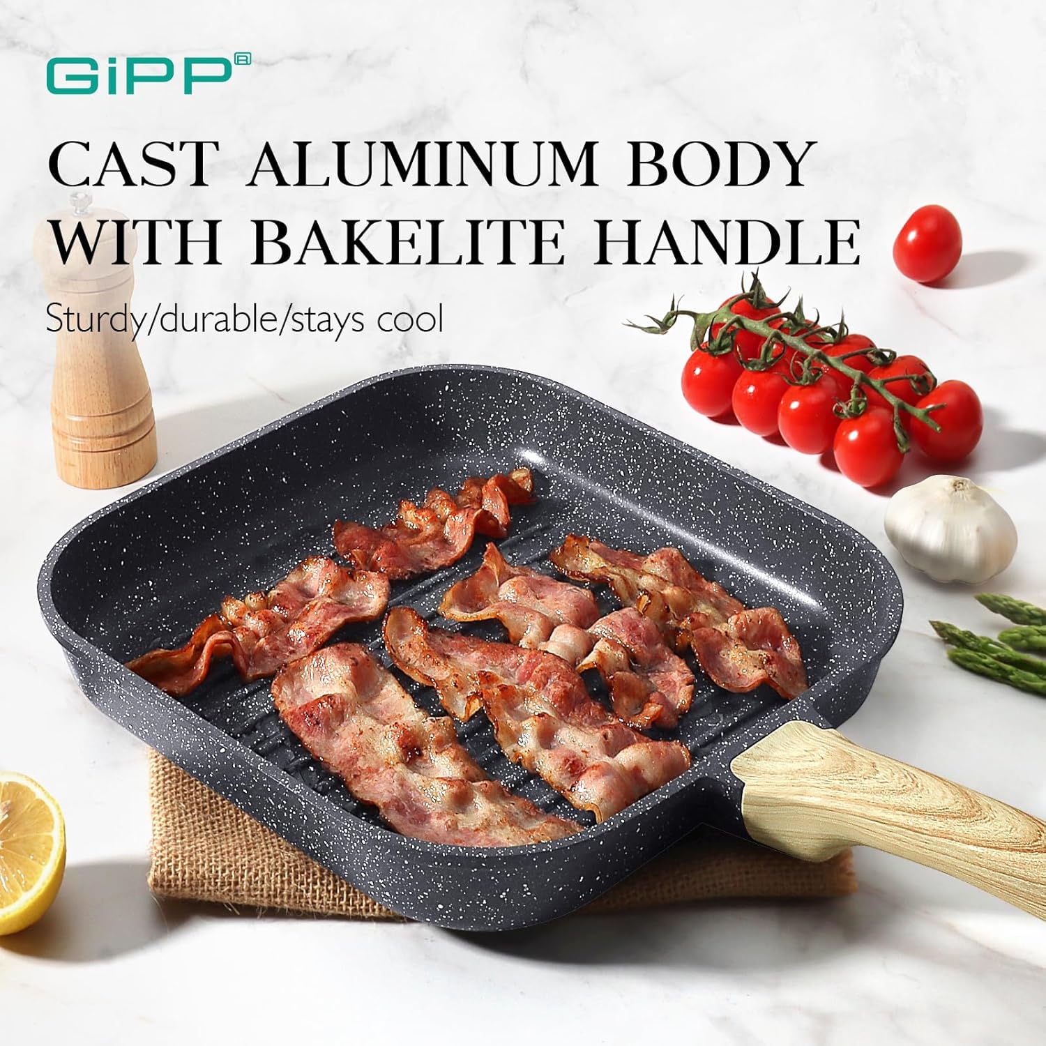 11 Inch Square Nonstick Grill Pan for Stove Tops - Indoor & Outdoor Cooking, Non Stick Granite Skillet Steak Pan - PFOA Free - Grey