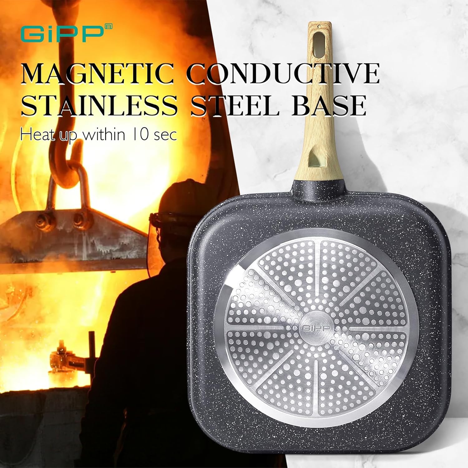 11 Inch Square Nonstick Grill Pan for Stove Tops - Indoor & Outdoor Cooking, Non Stick Granite Skillet Steak Pan - PFOA Free - Grey