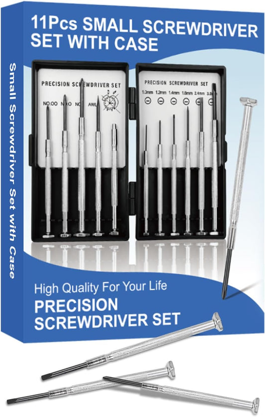 11-Piece Precision Screwdriver Set with Hard Case - Small Mini Screw Driver Kit for Glasses, Jewelry, Watches - 11 Different Sizes