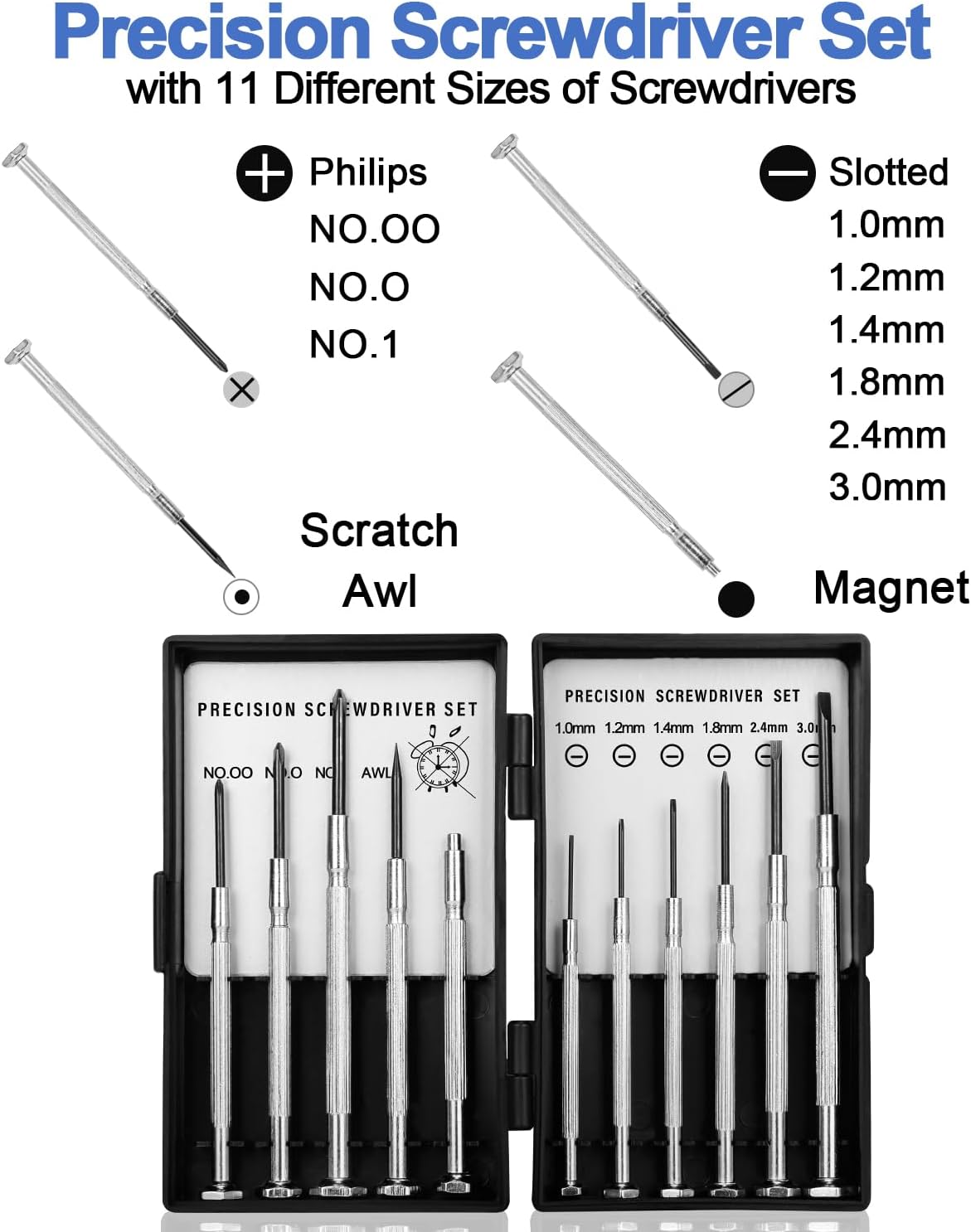 11-Piece Precision Screwdriver Set with Hard Case - Small Mini Screw Driver Kit for Glasses, Jewelry, Watches - 11 Different Sizes