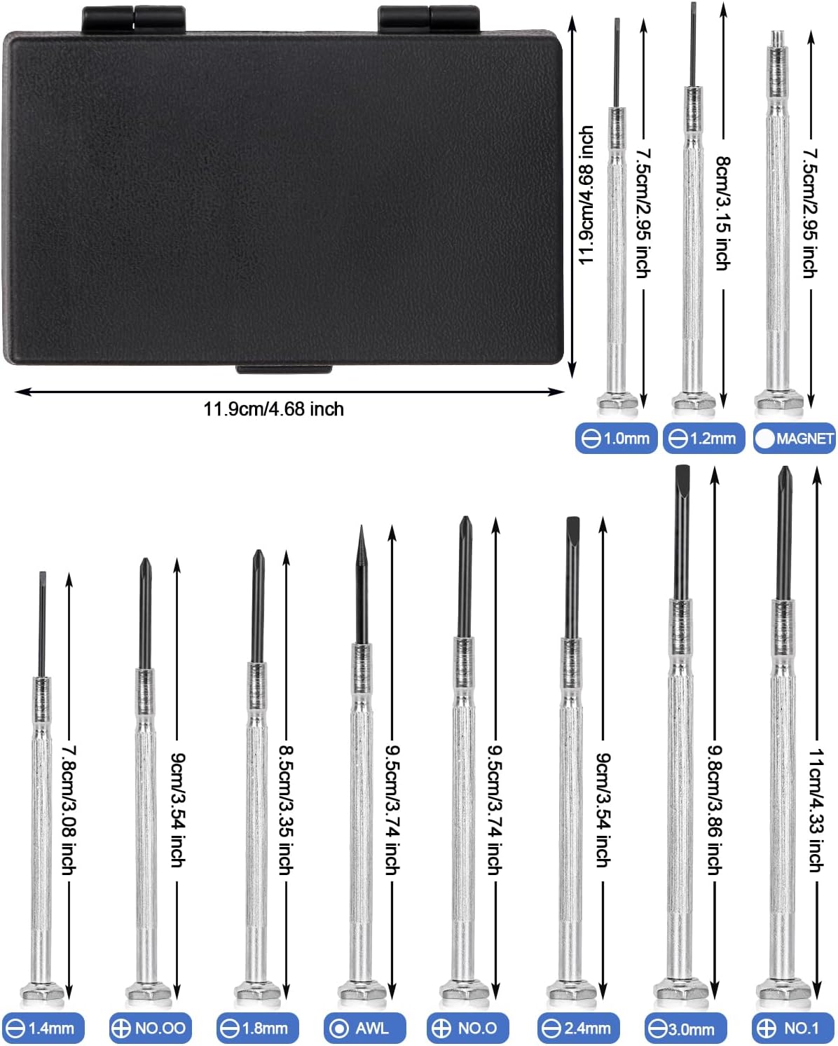 11-Piece Precision Screwdriver Set with Hard Case - Small Mini Screw Driver Kit for Glasses, Jewelry, Watches - 11 Different Sizes