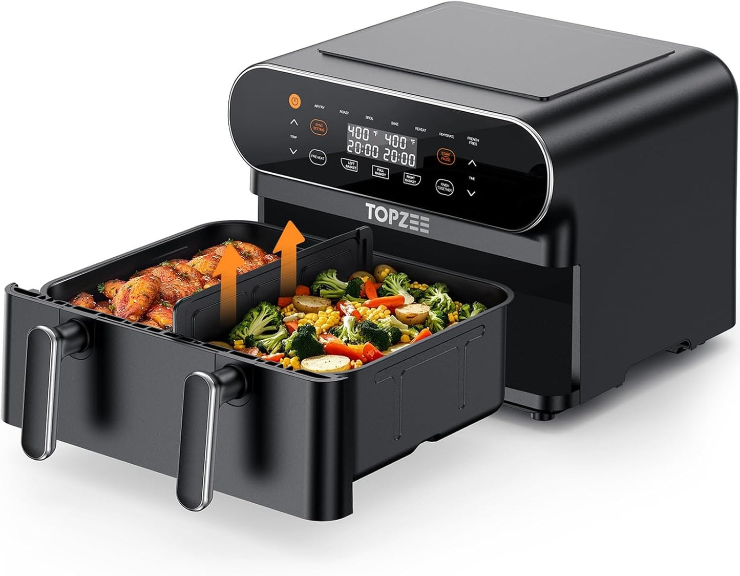 11-QT Large Air Fryer with Flex Basket and Divider - 8 in 1 XL Airfryer for Dual Cooking, Preheat, Roast, Broil, Bake, Reheat, Dehydrate - Dishwasher Safe - Black