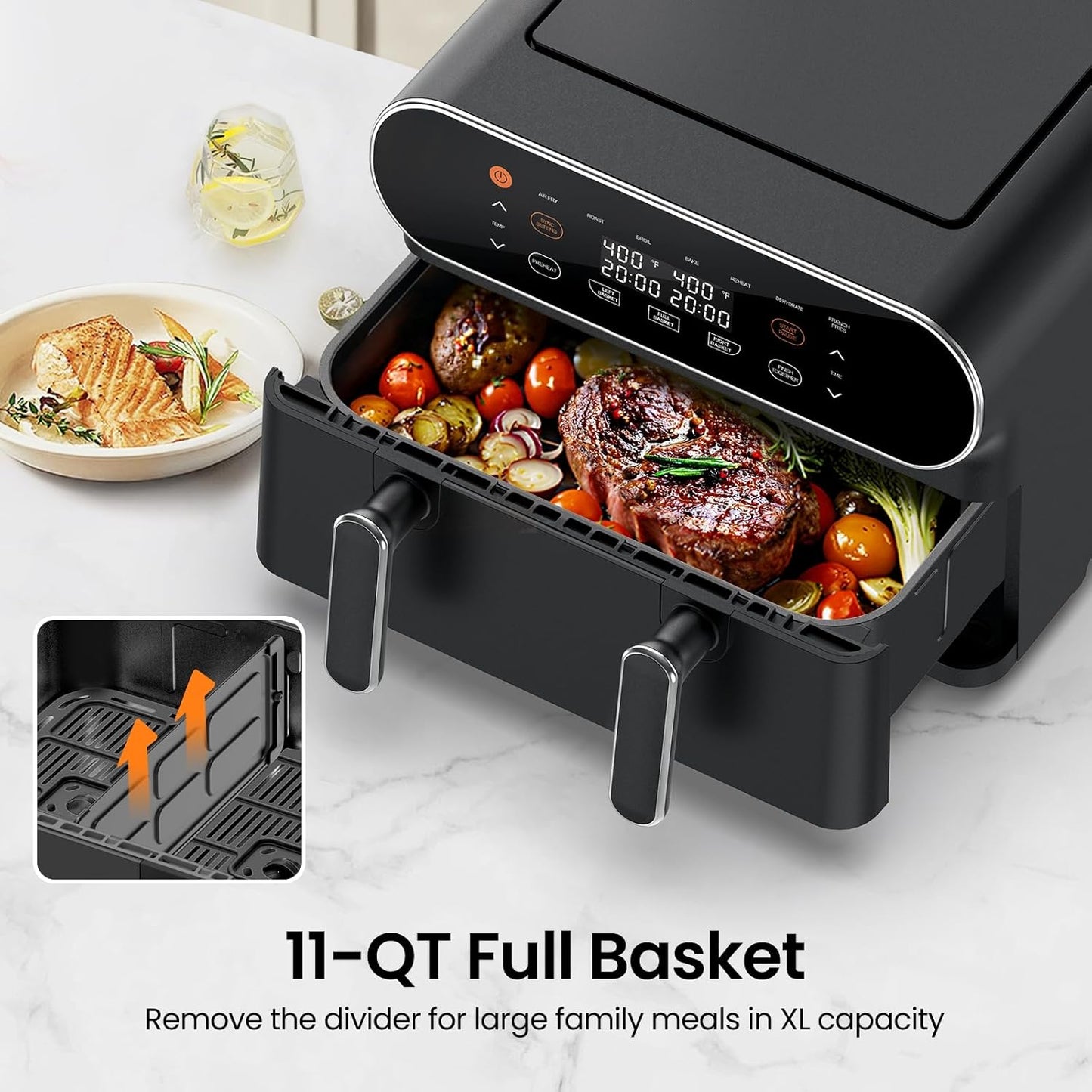 11-QT Large Air Fryer with Flex Basket and Divider - 8 in 1 XL Airfryer for Dual Cooking, Preheat, Roast, Broil, Bake, Reheat, Dehydrate - Dishwasher Safe - Black